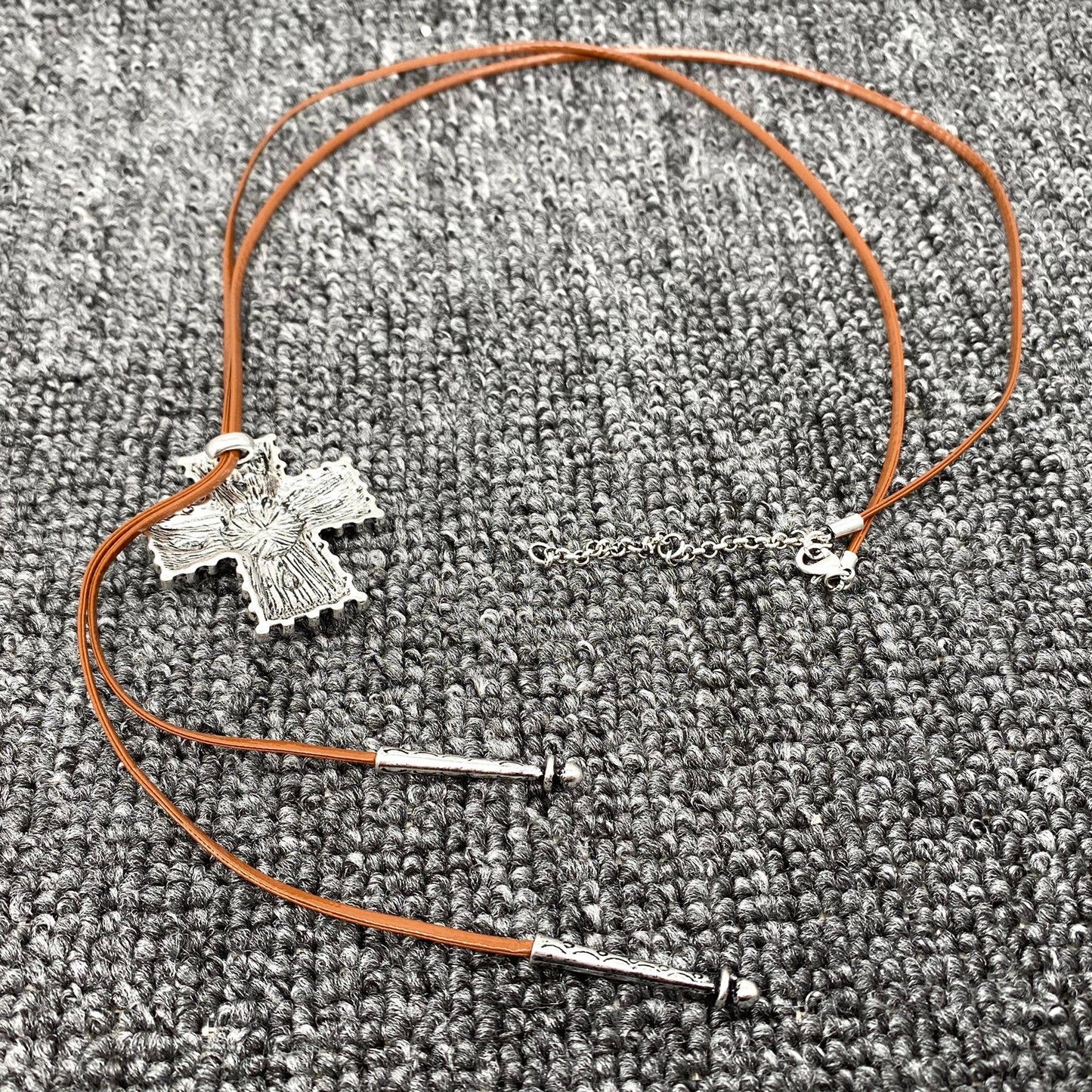 Cross Leather Rope Lariat Necklace