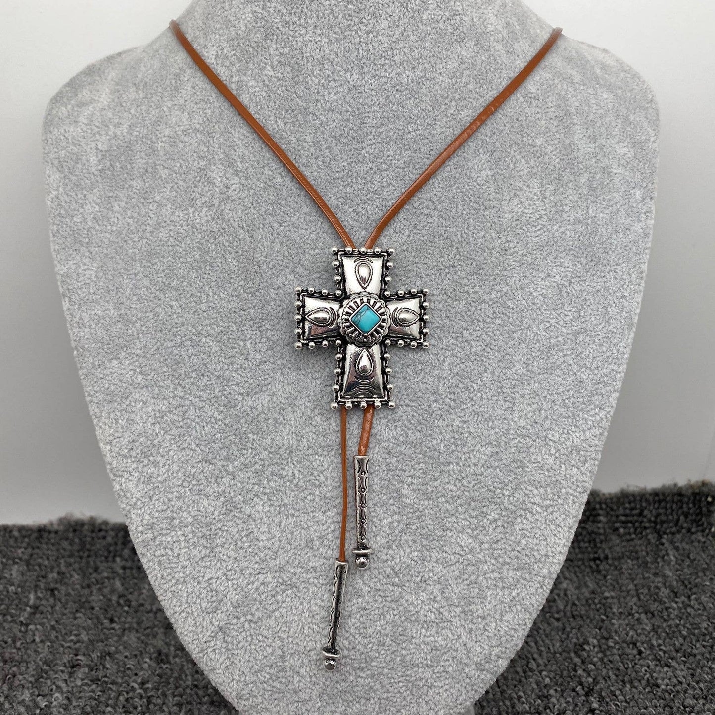 Cross Leather Rope Lariat Necklace