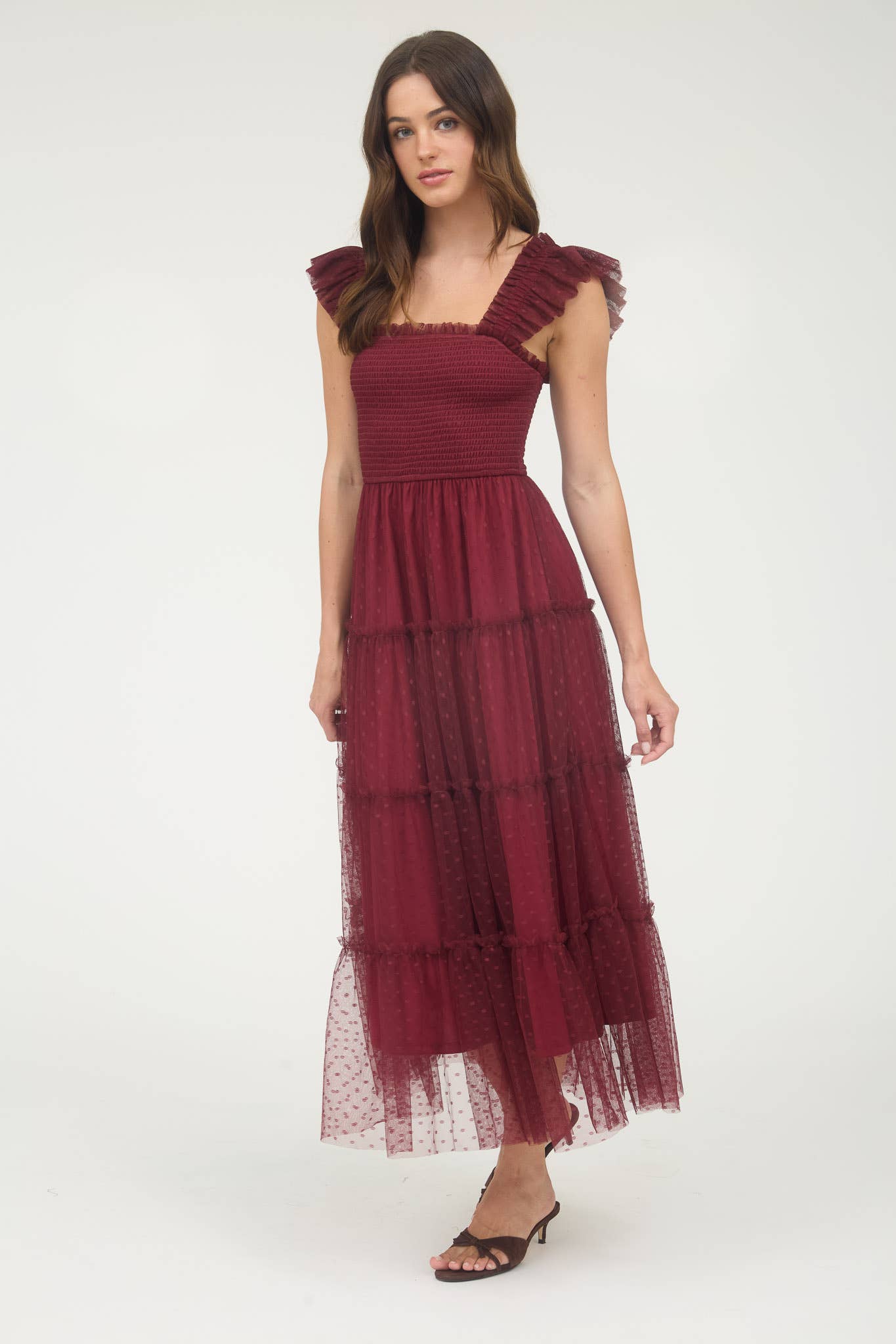 POLKA DOT SMOCKED TIERED MIDI DRESS