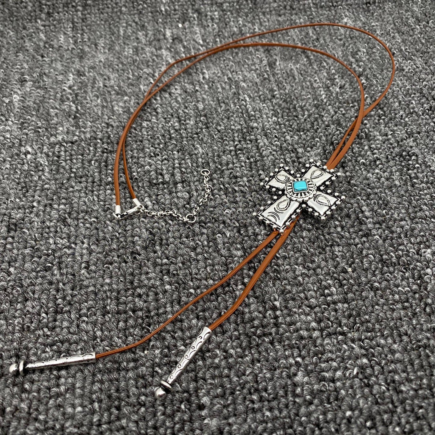 Cross Leather Rope Lariat Necklace