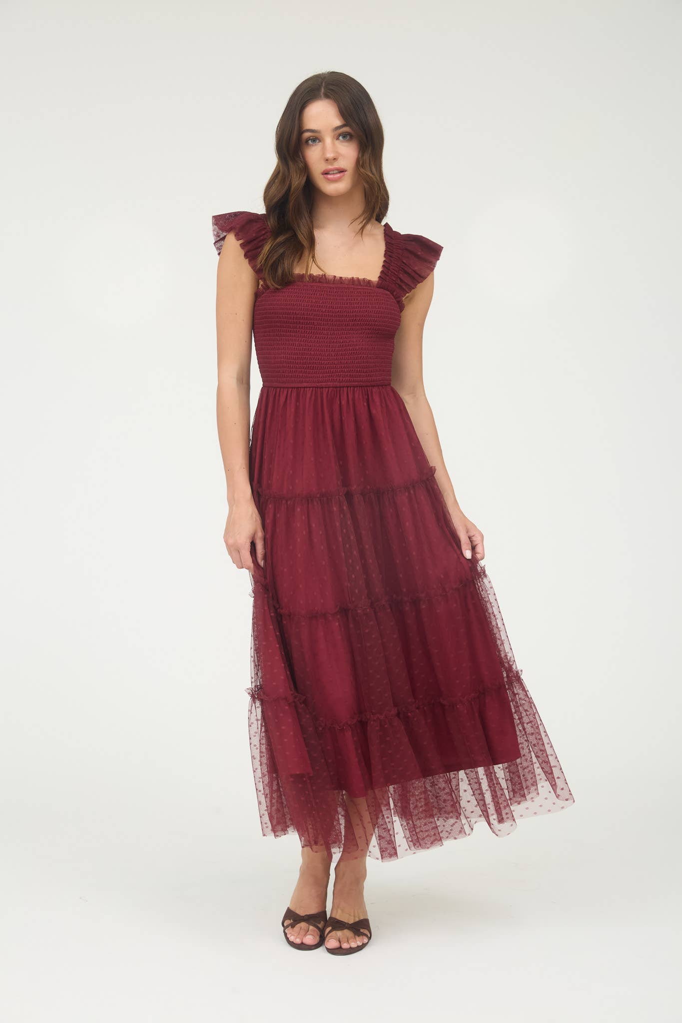 POLKA DOT SMOCKED TIERED MIDI DRESS