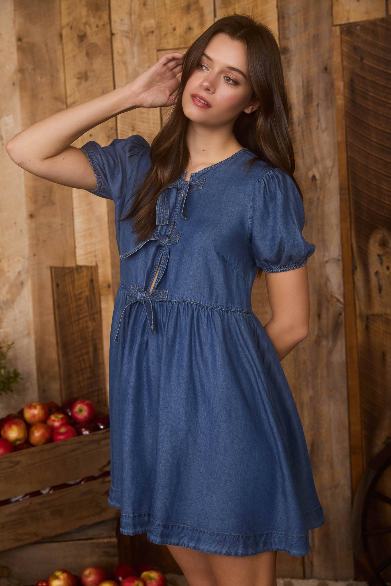 DARK CHAMBRAY FRONT TIE PUFF SLEEVE MINI DRESS