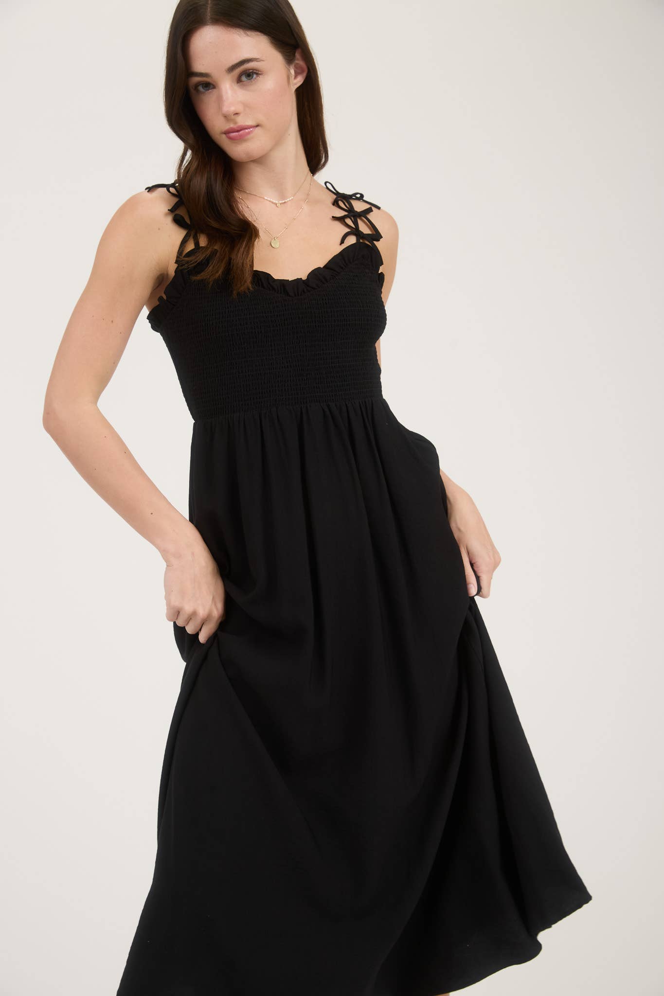 Smoked Bow Strap Midi Dress