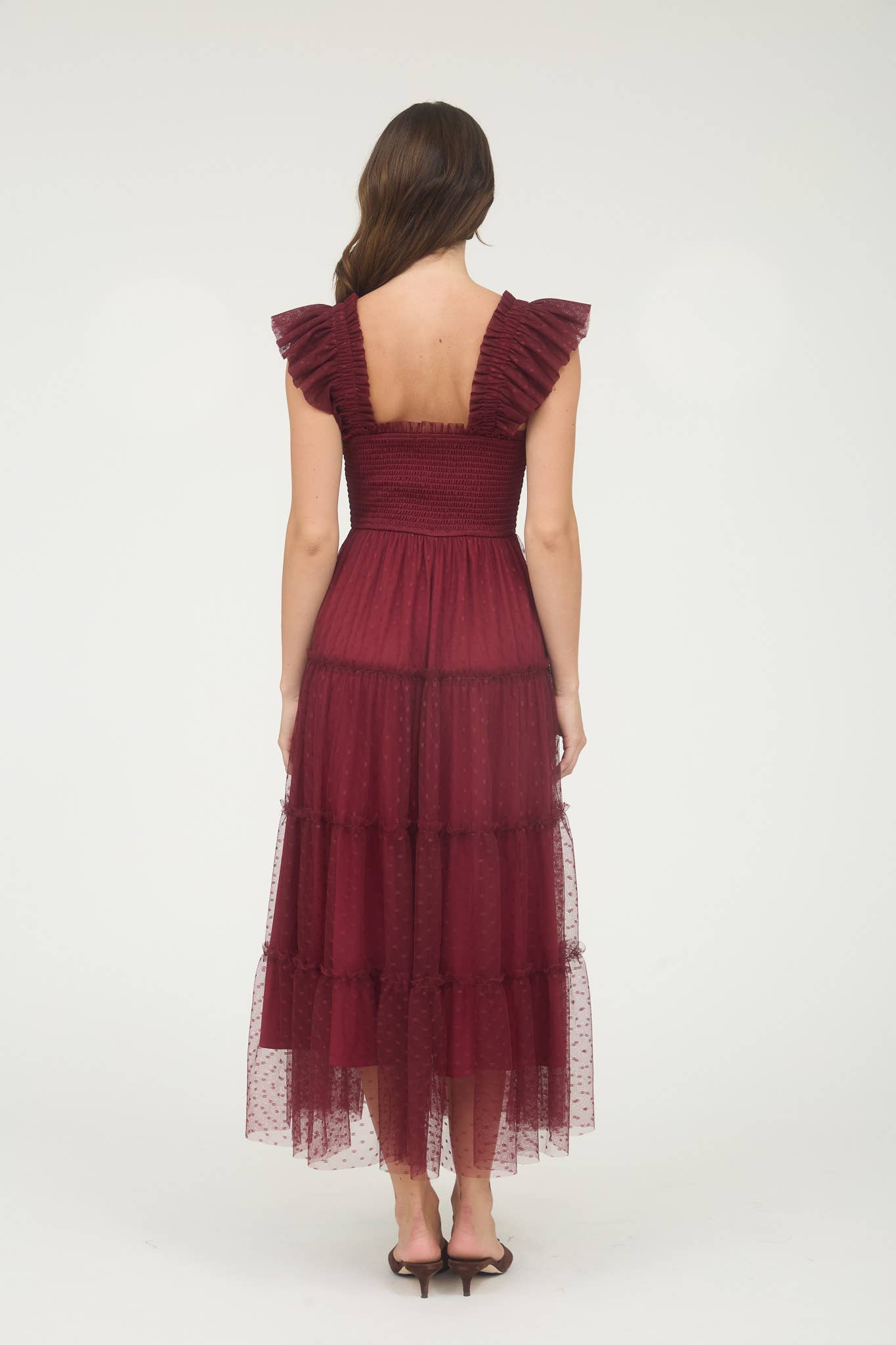 POLKA DOT SMOCKED TIERED MIDI DRESS
