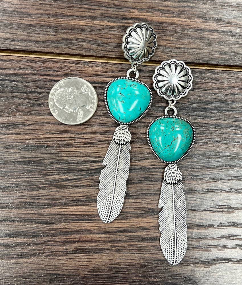 Very-Big 4" Western Feather Turquoise Post Earrings
