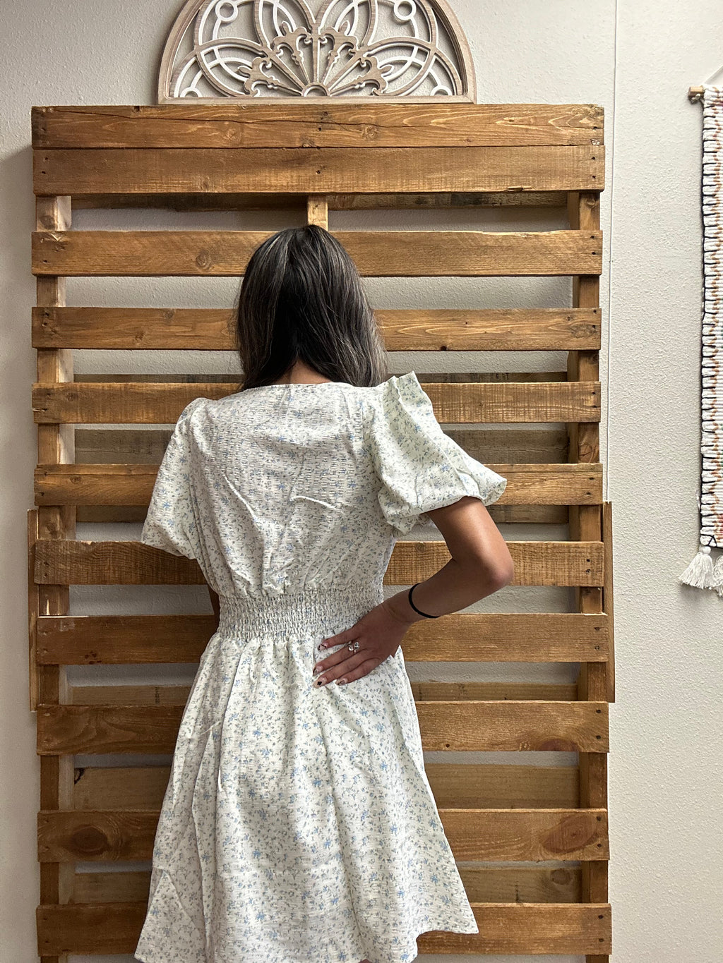 Floral V Neck Tie Puff Sleeve Smock Mini Dress