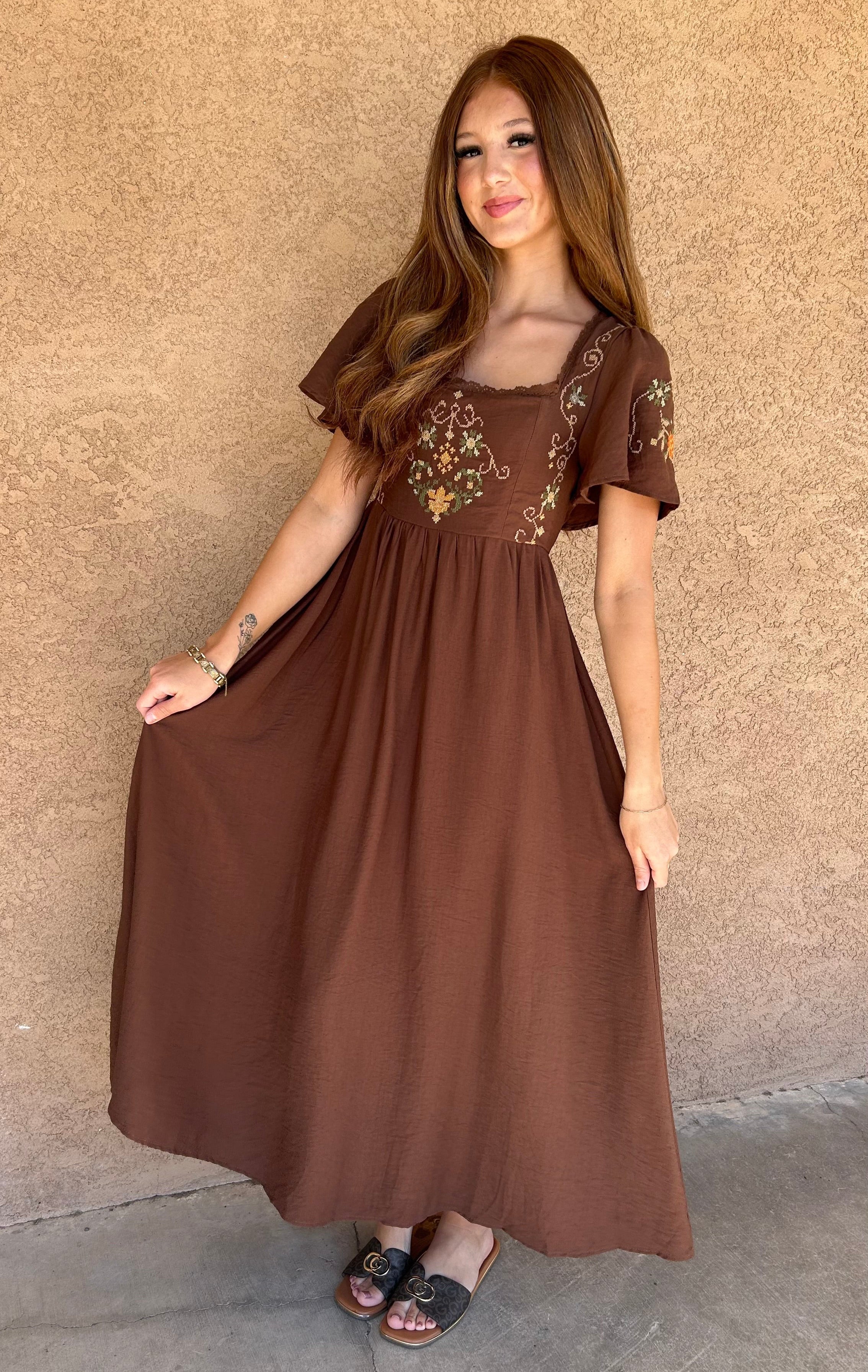 Embroidered Bell Sleeve Midi Dress