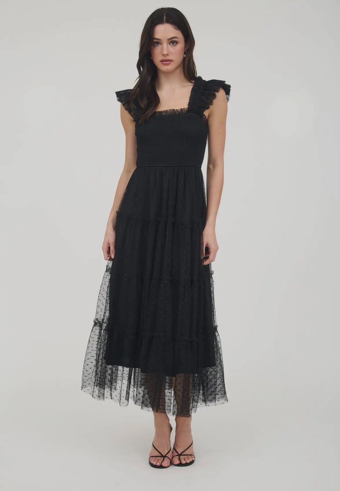 POLKA DOT SMOCKED TIERED MIDI DRESS