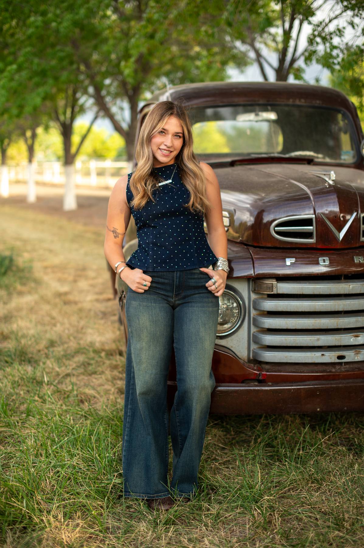Rhinestone Open Back Denim Top