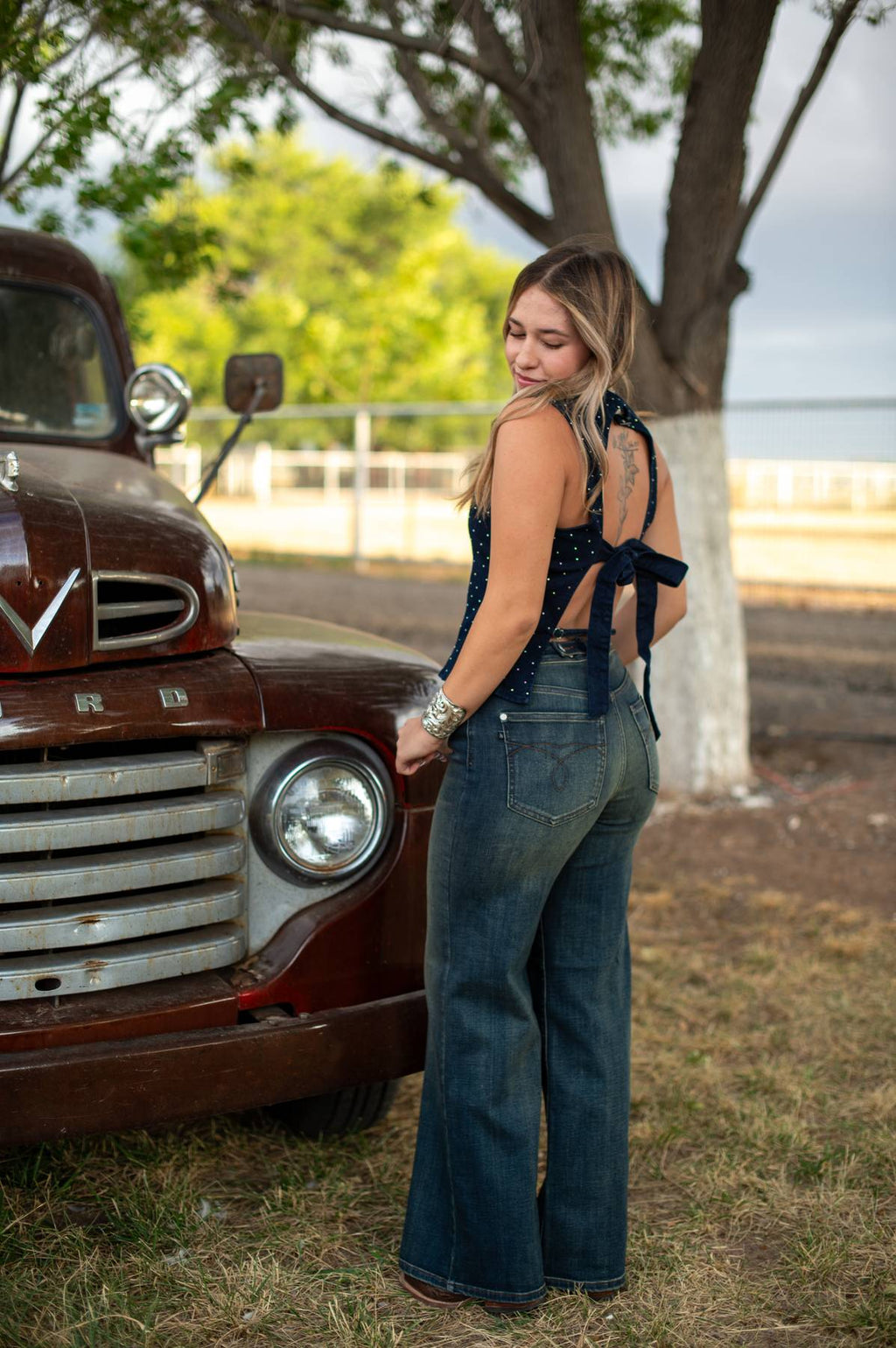 Rhinestone Open Back Denim Top