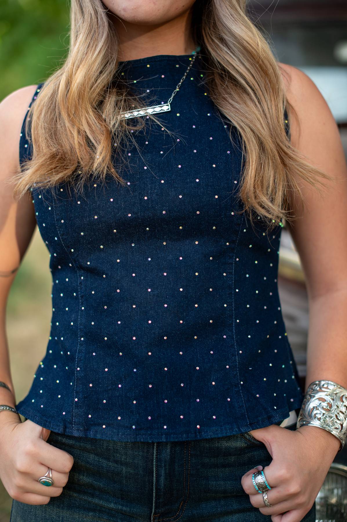 Rhinestone Open Back Denim Top