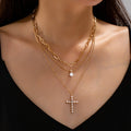 Multi-Layered Pearl Cross Rhinestone Necklace
